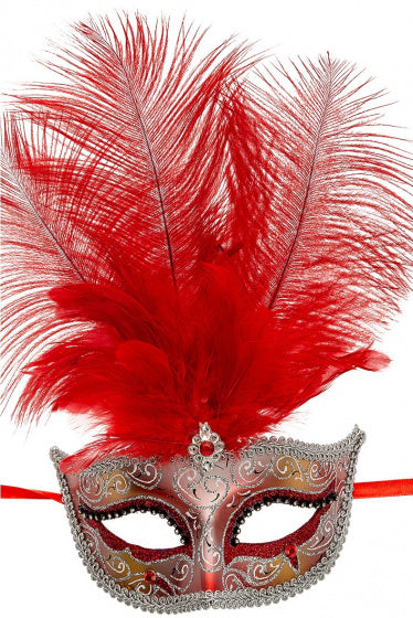 half gezichtsmasker glitter en veer rood/zilver
