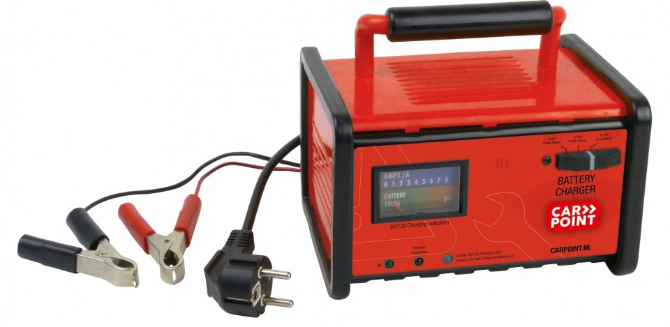 Carpoint acculader 6v 12v – druppellader snellader – voor lood gel accu’s – beveiligd – analoge meter – universeel gebruik