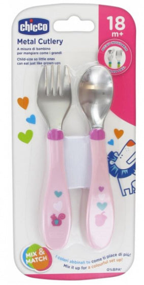 bestek Mijn Eerste Metalen Bestek 20 cm RVS roze 2-delig