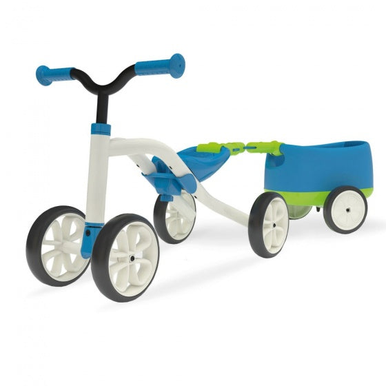 Chillafish loopfiets 1 jaar met aanhangwagen voor jongens en meisjes - vierwieler tot 3 jaar met opbergvak - blauw - lichtgewicht loopauto - extra stabiel - stille anti slip banden voor binnen en buiten - model quadie trailer