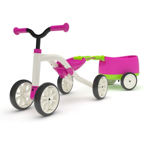 Chillafish loopfiets 1 jaar met aanhangwagen voor jongens en meisjes - vierwieler tot 3 jaar met opbergvak - roze - lichtgewicht loopauto - extra stabiel - stille anti slip banden voor binnen en buiten - model quadie trailer