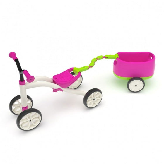 Chillafish loopfiets 1 jaar met aanhangwagen voor jongens en meisjes - vierwieler tot 3 jaar met opbergvak - roze - lichtgewicht loopauto - extra stabiel - stille anti slip banden voor binnen en buiten - model quadie trailer