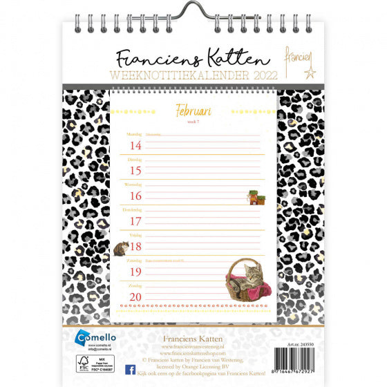 weekkalender 2022 Katten 23 x 16,5 cm zwart/wit