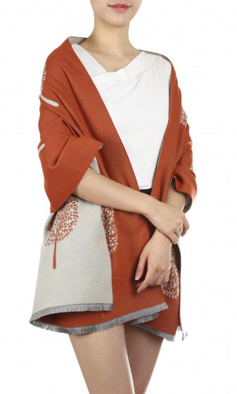 sjaal bomen dames 180 x 63 cm polyester/viscose oranje/beige
