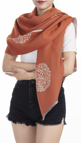 sjaal bomen dames 180 x 63 cm polyester/viscose oranje/beige
