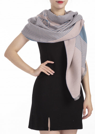 sjaal dames 180 x 63 cm polyester/viscose blauw/roze