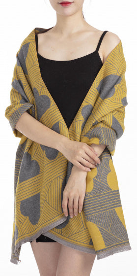 sjaal hart dames 180 x 63 cm polyester/viscose geel/grijs
