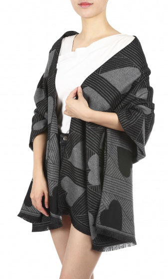 sjaal hart dames 180 x 63 cm polyester/viscose grijs/zwart