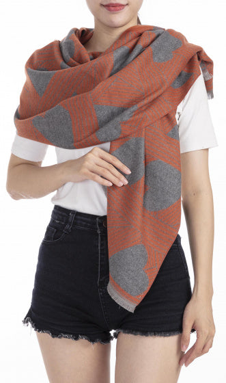 sjaal hart dames 180 x 63 cm polyester/viscose oranje/grijs