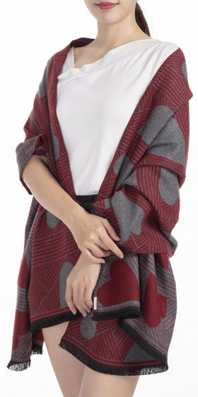 Cwi Sjaal hart dames 180 x 63 cm polyester/viscose rood/grijs