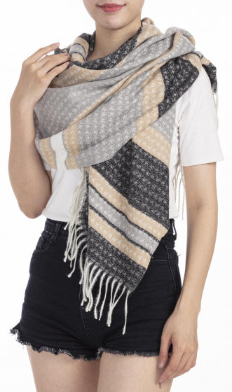 sjaal met strepen dames 180 x 65 cm polyester grijs/beige