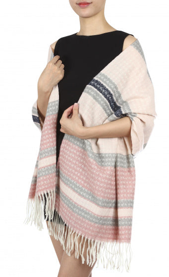 sjaal met strepen dames 180 x 65 cm polyester roze/grijs