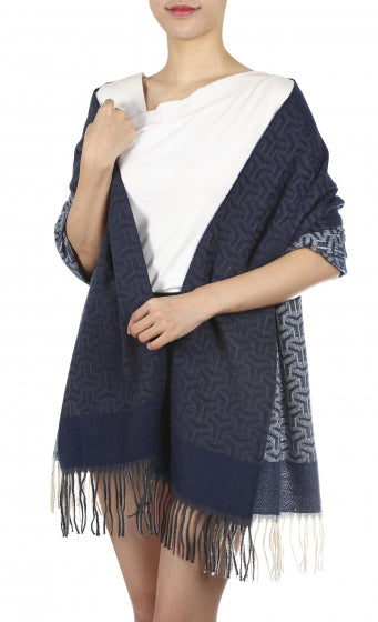 sjaal Patroon dames 180 x 68 cm polyester donkerblauw
