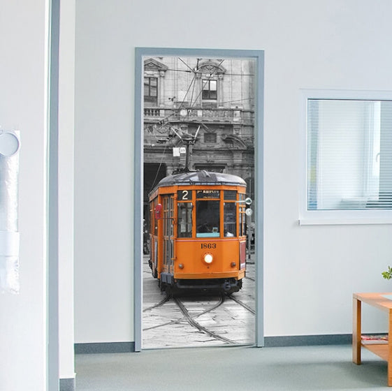 deursticker Milan Tram 83 x 210 cm vinyl geel/wit