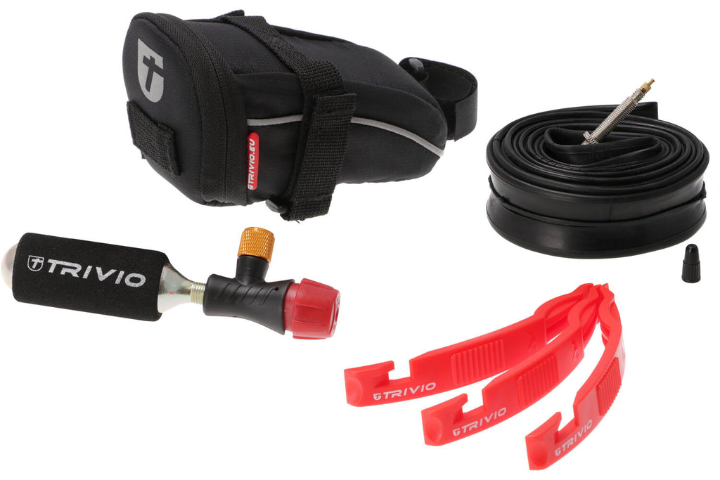 Trivio - ready to ride zadeltas + binnenband + co2 patroon met opzetstuk + bandenlichter set