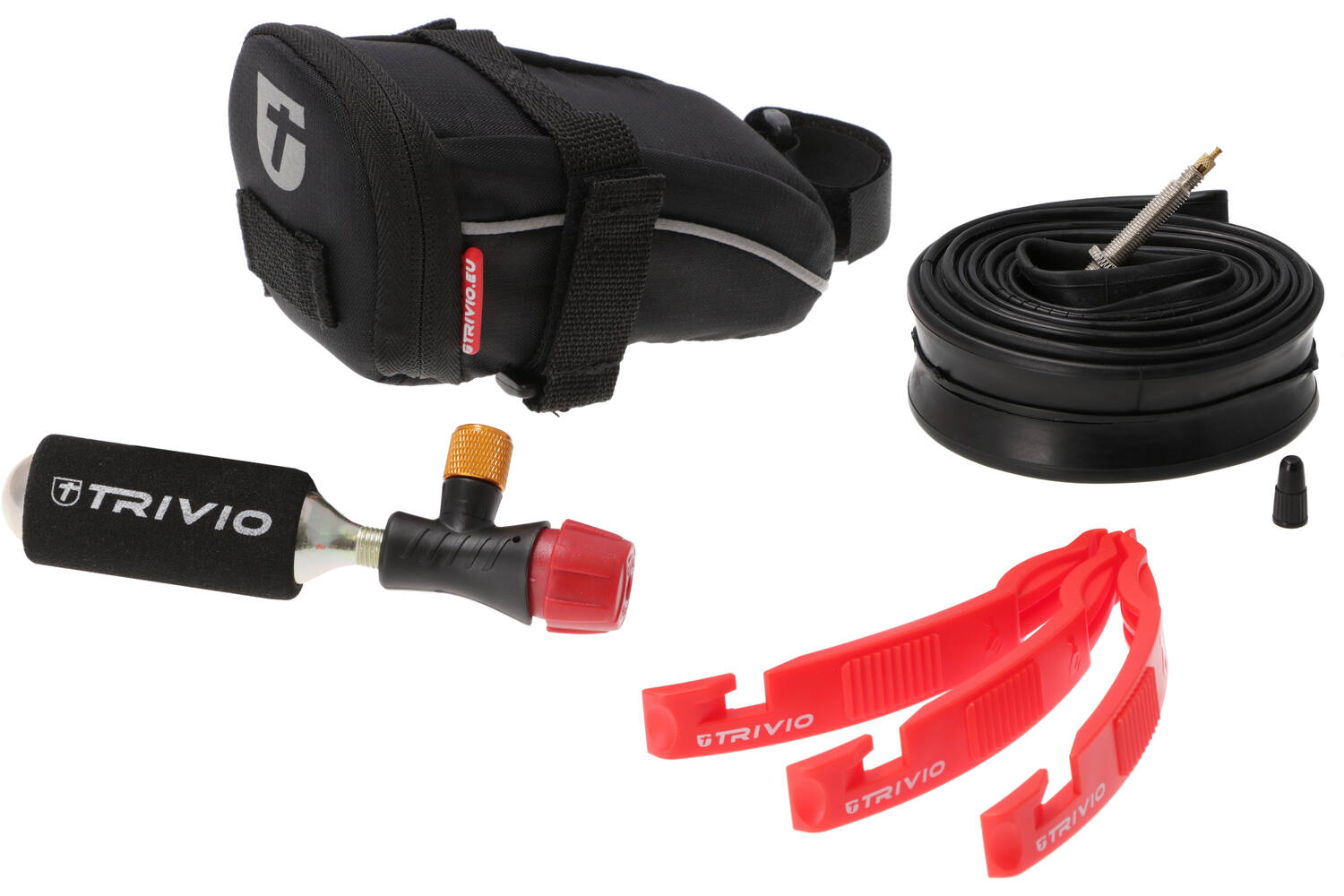 Trivio - ready to ride zadeltas + binnenband + co2 patroon met opzetstuk + bandenlichter set