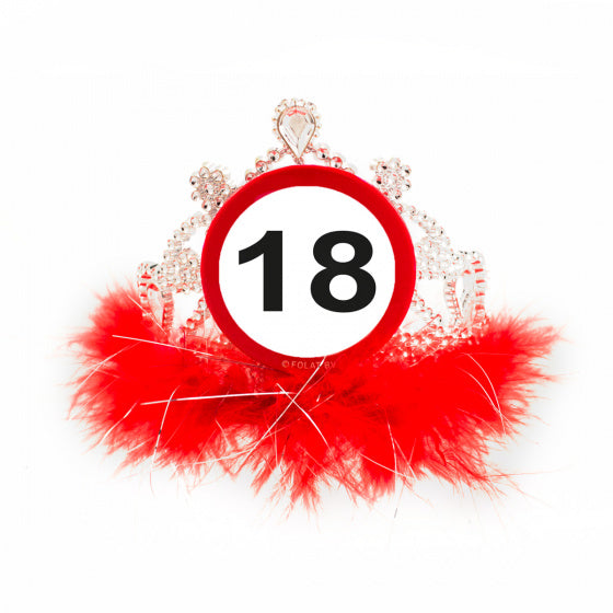 diadeem Verkeersbord 18 dames zilver/rood/wit one-size