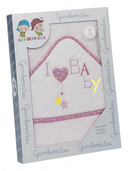 badcape i love baby 100 x 100 cm katoen wit/roze