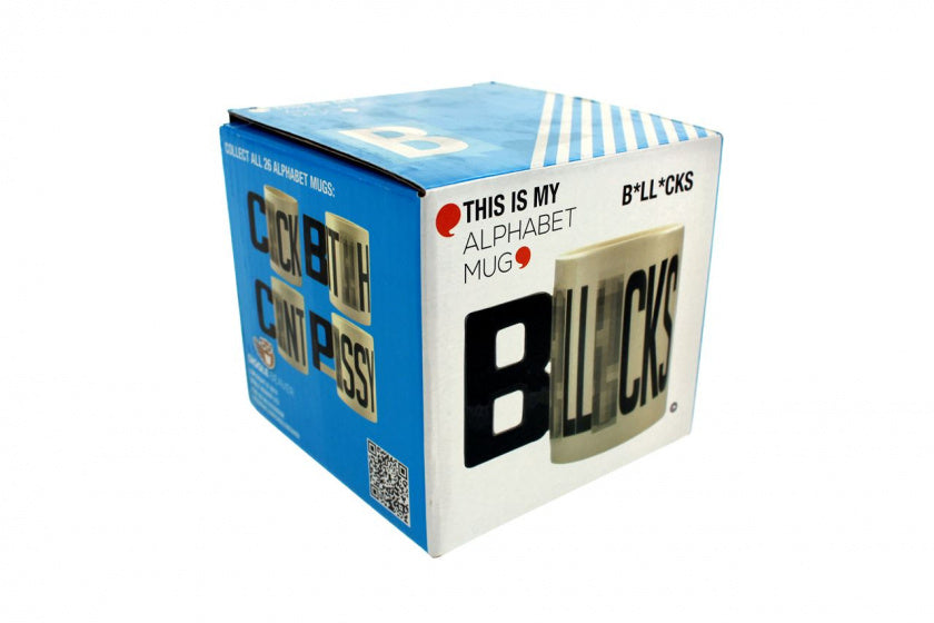 alfabet-mok bollocks 300 ml keramiek wit/zwart