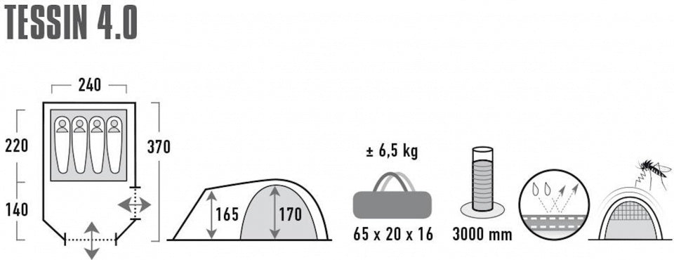 High peak Koepeltent Tessin 4-persoons 370 x 240 x 170 cm grijs