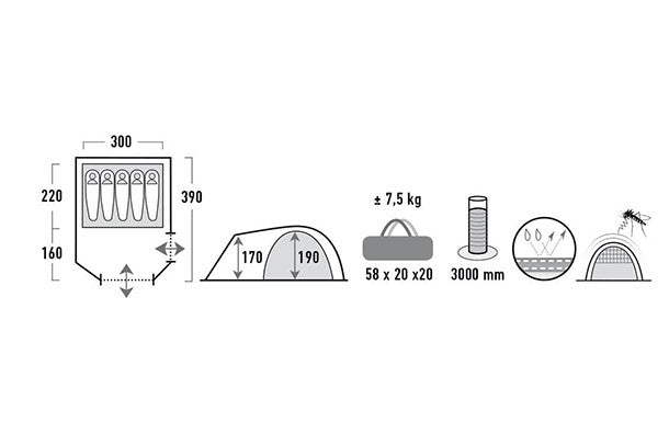koepeltent Tessin 5-persoons 390 x 300 x 190 cm grijs