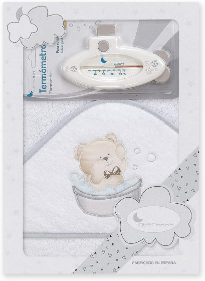 Teddy badcape met thermometer 100 cm wit/grijs