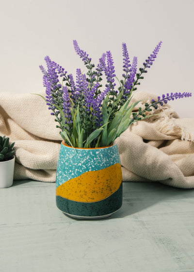 vaas 10 x 12 cm keramiek geel/turquoise/groen