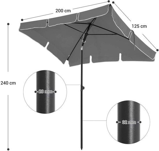 parasol kantelbaar 200 x 125 cm staal/polyester grijs
