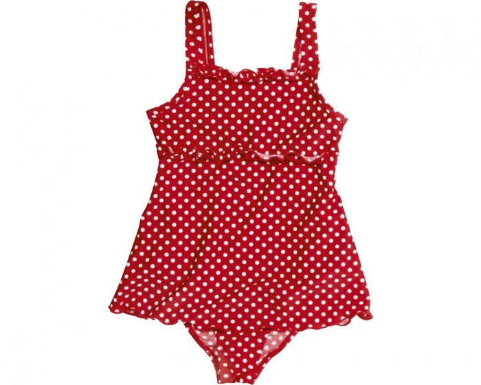 badpak UV-werend met rok gestipt rood maat 122/128