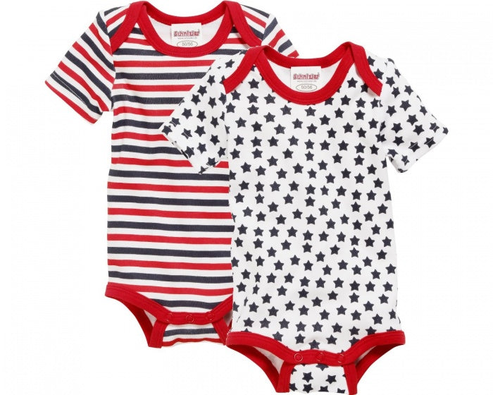 romper Sterren korte mouw blauw/rood 2 stuks mt 74/80