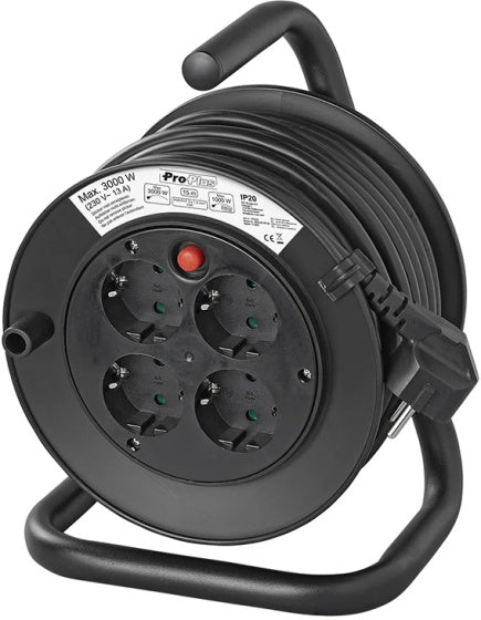 Proplus Kabelhaspel Schuko VV 4-weg 15 meter 3x1,5mm² zwart