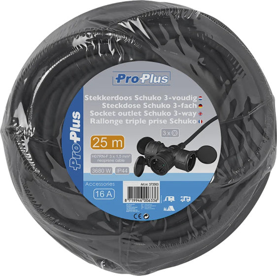 Proplus Verlengkabel Schuko 3-voudig 25 meter 3x1,5mm² zwart