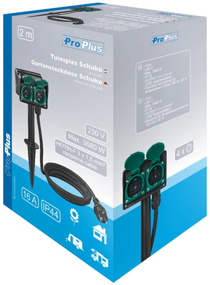 Proplus Tuincontactdoos Schuko 4-voudig 2 meter 3x1,5mm² zwart