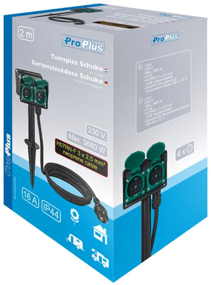 Proplus Tuincontactdoos Schuko 4-voudig 2 meter 3x2,5mm² zwart