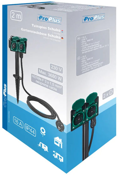 Proplus Tuincontactdoos Schuko 2-voudig 2 meter 3x1,5mm² zwart