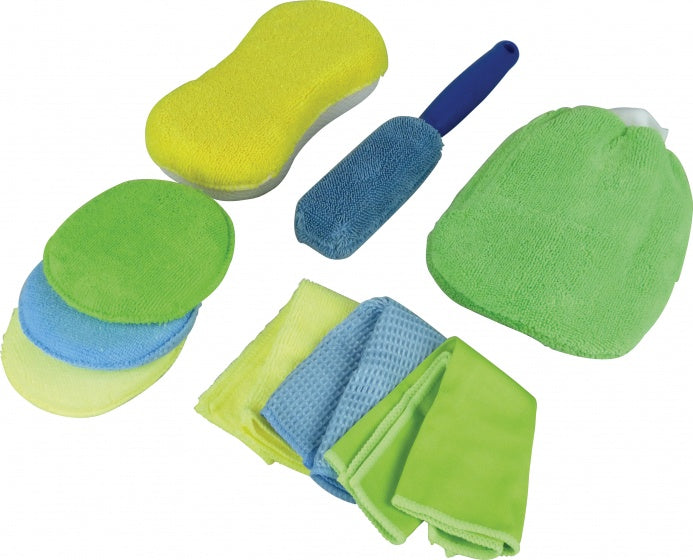 Protecton microvezelset - 9-delig - voor het reinigen van de auto, camper of caravan - 3 microvezeldoeken - 3 polijstpads - spons 2 in 1 - washandschoen - velgenborstel