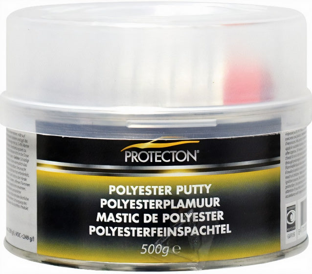 Protecton polyesterplamuur - voor het egaliseren van oneffenheden - toepasbaar op staal, aluminium, hout, beton polyester - elastisch en zeer goed schuurbaar – incl. tube verharder - 500gr