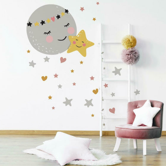 muursticker Moon & Star 64,97 x 83,79 cm grijs/geel
