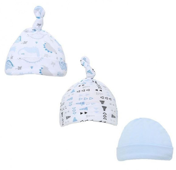 babymutsjes Dino jongens katoen blauw/wit 3 stuks