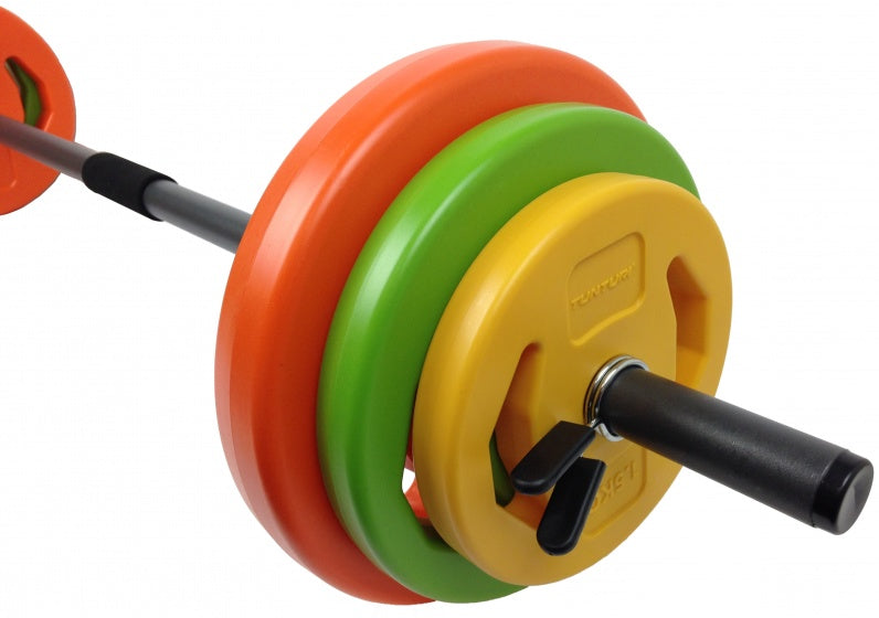 Tunturi aerobic pump gewichtenset 20kg - halterset met 6 schijven - incl. halterstang - met schuimrubberen beschermlaag - incl. gratis fitnessapp