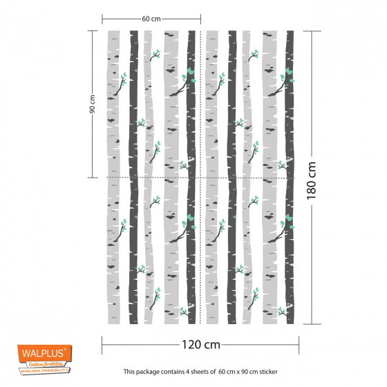 muursticker Berkenbomen 180 x 120 cm PVC grijs 4-delig