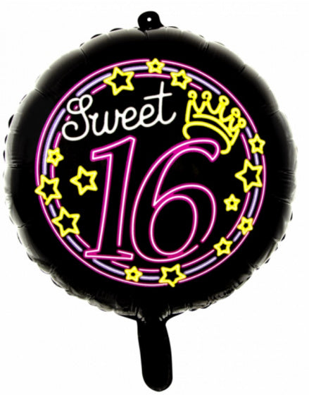 folieballon Sweet 16 rond 46 cm zwart/roze
