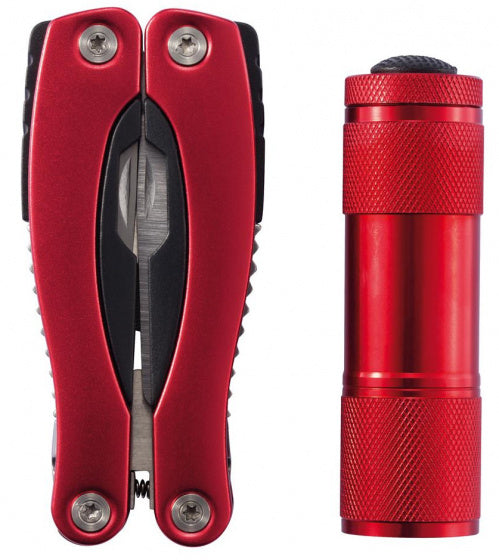multitool met zaklamp 14 cm RVS/aluminium rood