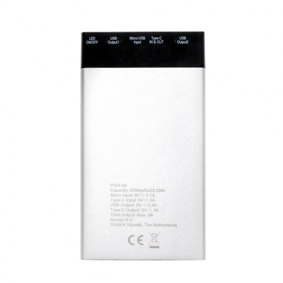 powerbank 6000 mAh 12,3 x 6,8 cm ABS wit/zwart